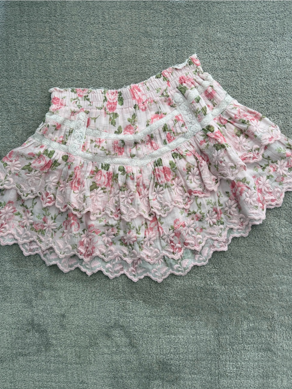 LoveShackFancy Pink Floral Mini Ruffled/Tiered Lace Skirt - Picture 4 of 10